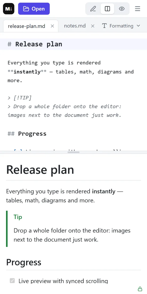 Markdown Preview Editor su uno smartphone: editor sopra, anteprima sotto